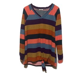 Women’s FIRST LOVE, Tie Up Hem, Long Sleeves, V-Neck Top, Multi Colors, Size Sm